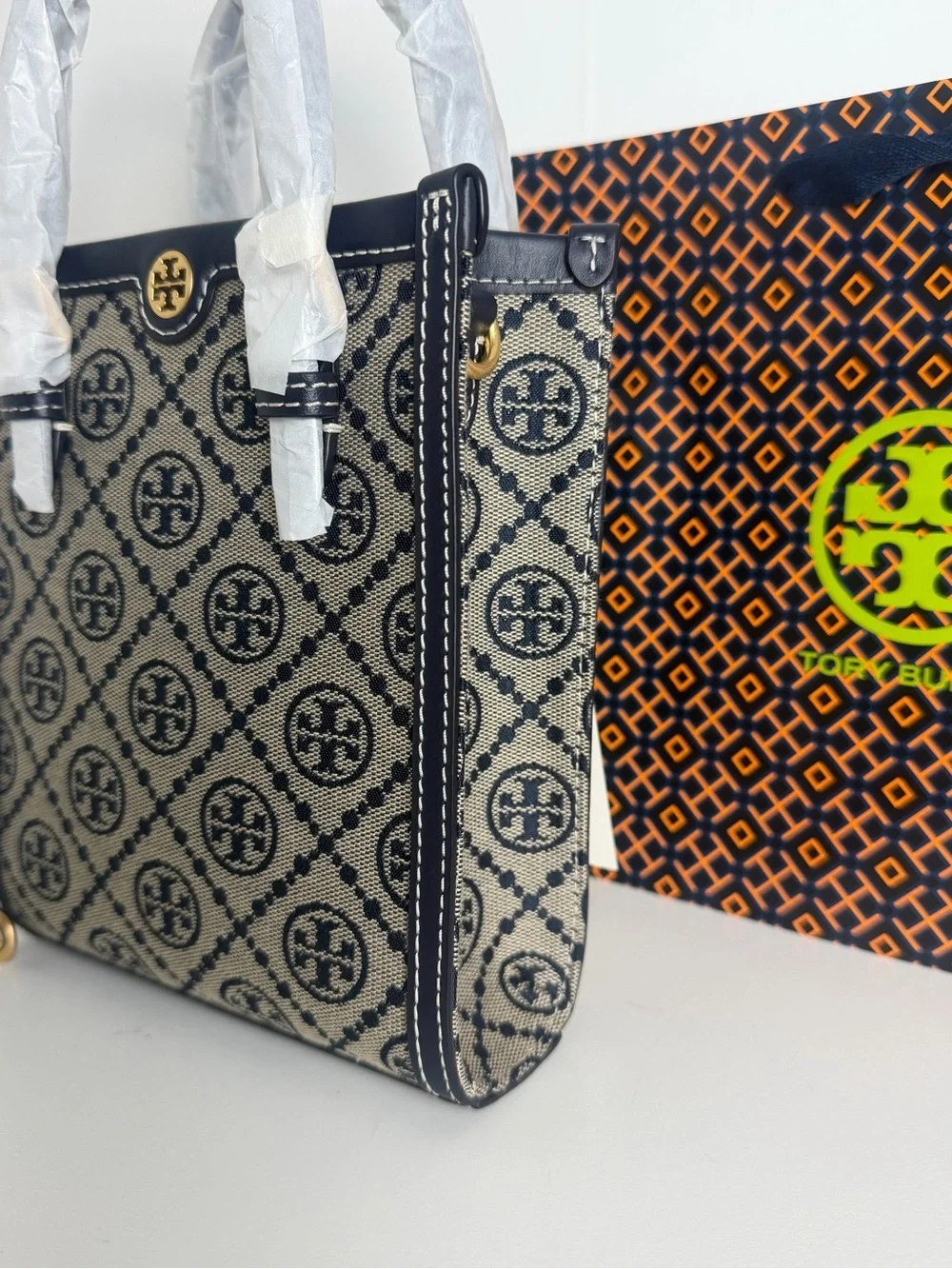 Tory Burch Black & Beige Mini Logo Tote
